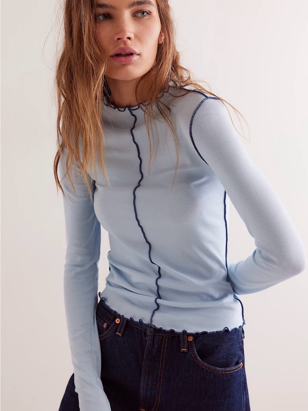 Free People Sky Blue Long Sleeve Top with Navy Contrast Trim